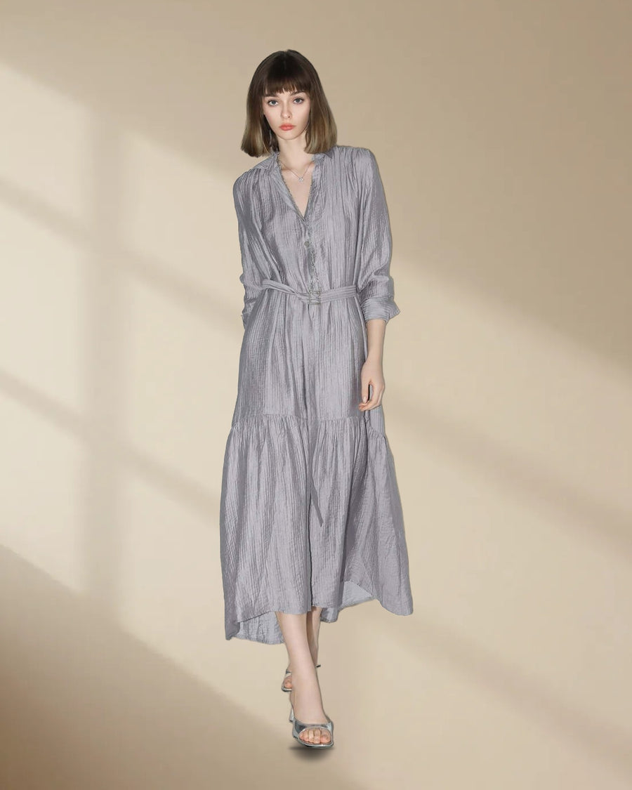 Pleated Long-Sleeve Shirt Dress