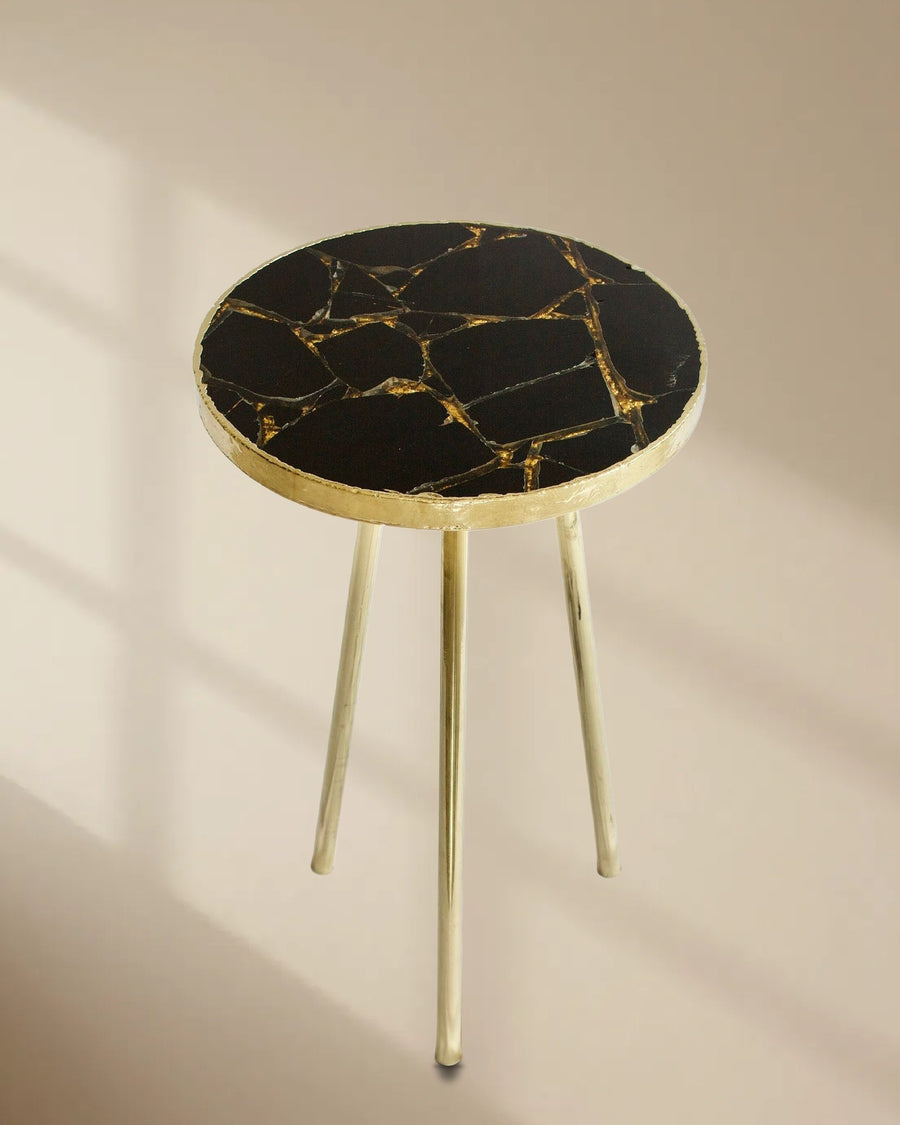 Gold Sparkle Black Agate Side Table, Round Top