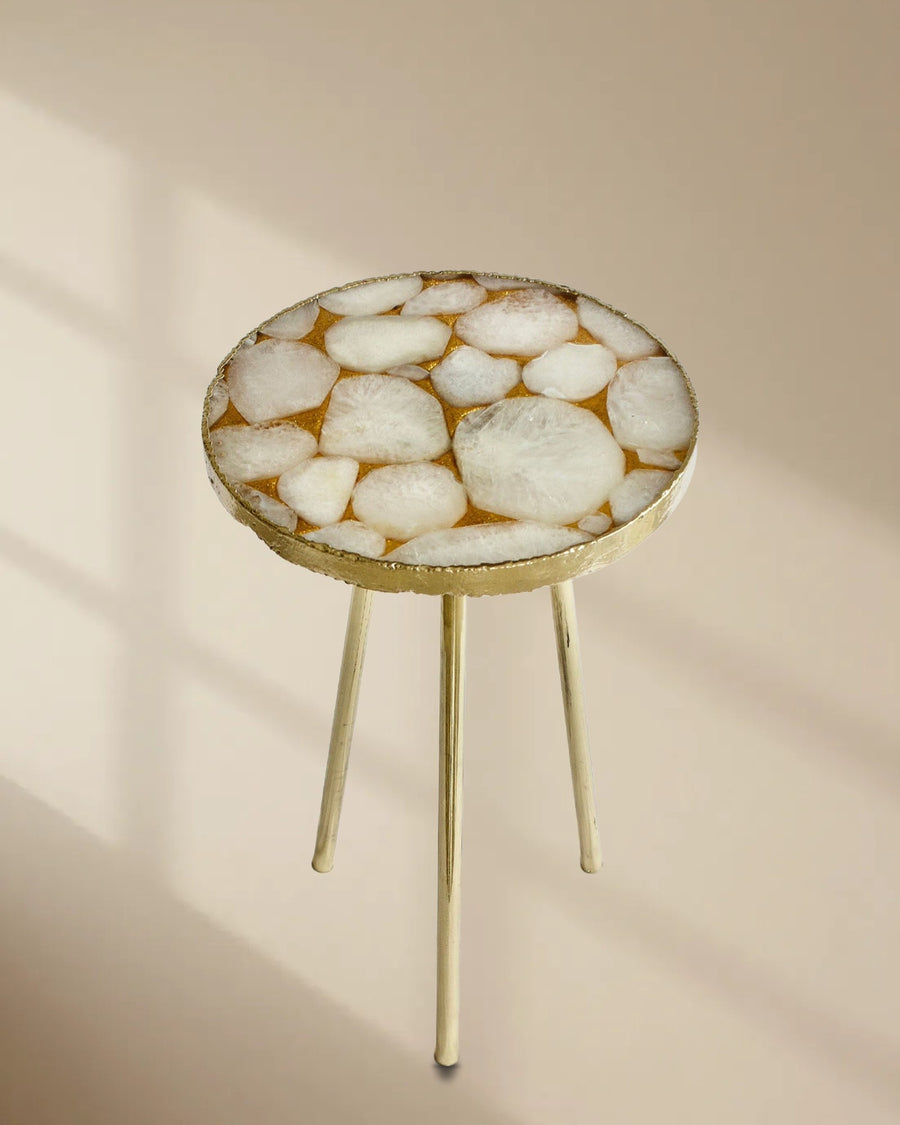 Gold Sparkle White Agate Side Table, Round Top