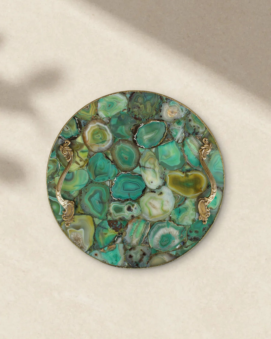 Green Agate Round Serving Tray with Brass Handles