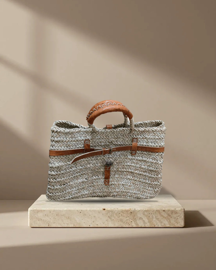Luxia Raffia Basket Bag with Leather Handles