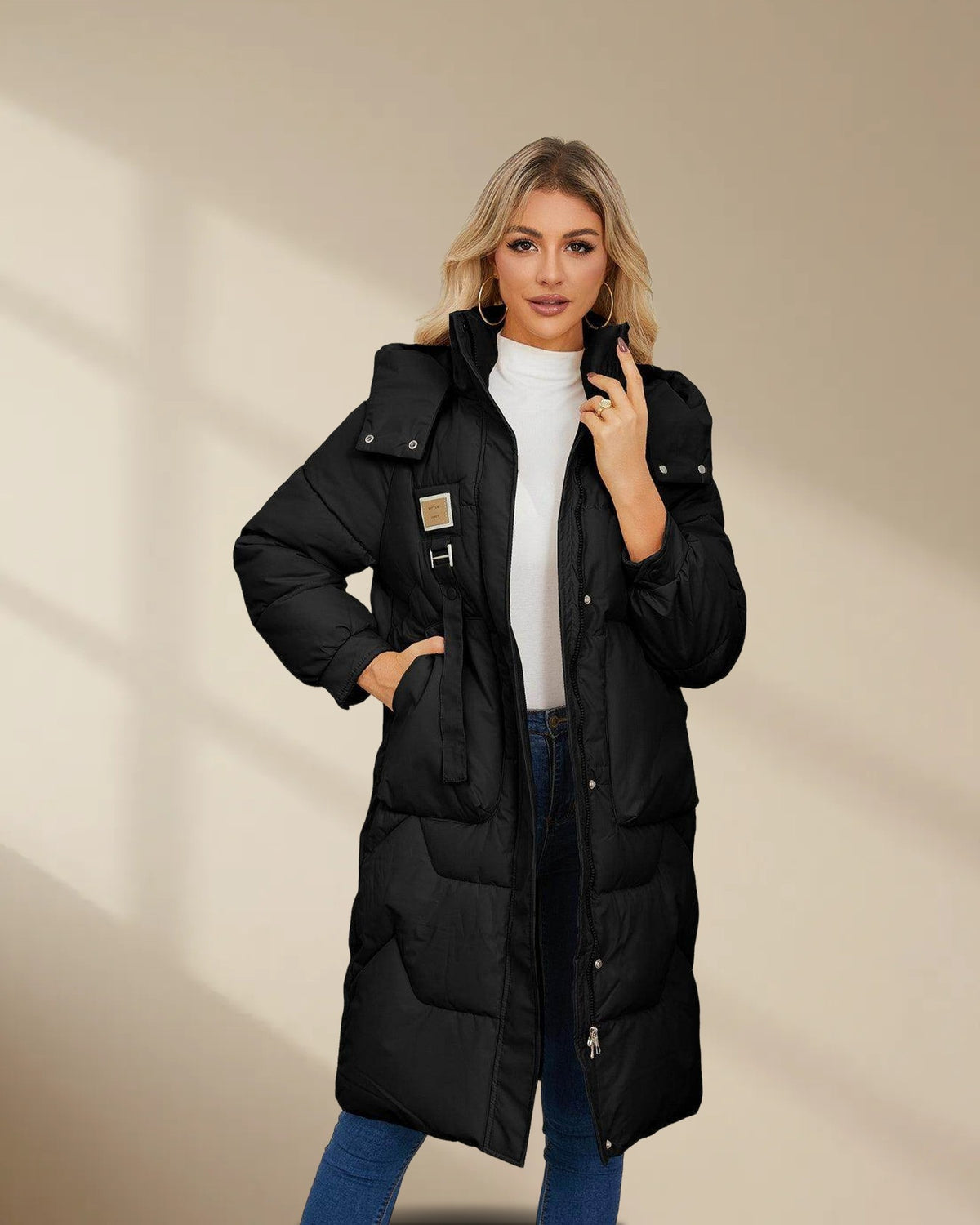 Hooded Longline Puffer Coat in Black, picture 1 of 8