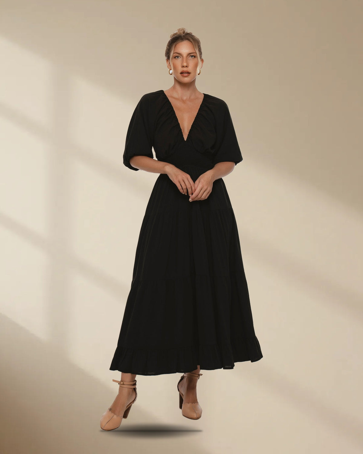 Lucienne Smocked Linen Maxi Dress in Black, picture 1 of 8