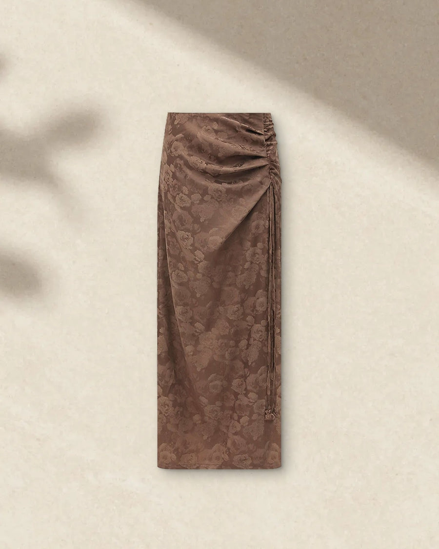 Draped Jacquard Brown Silk Satin Skirt