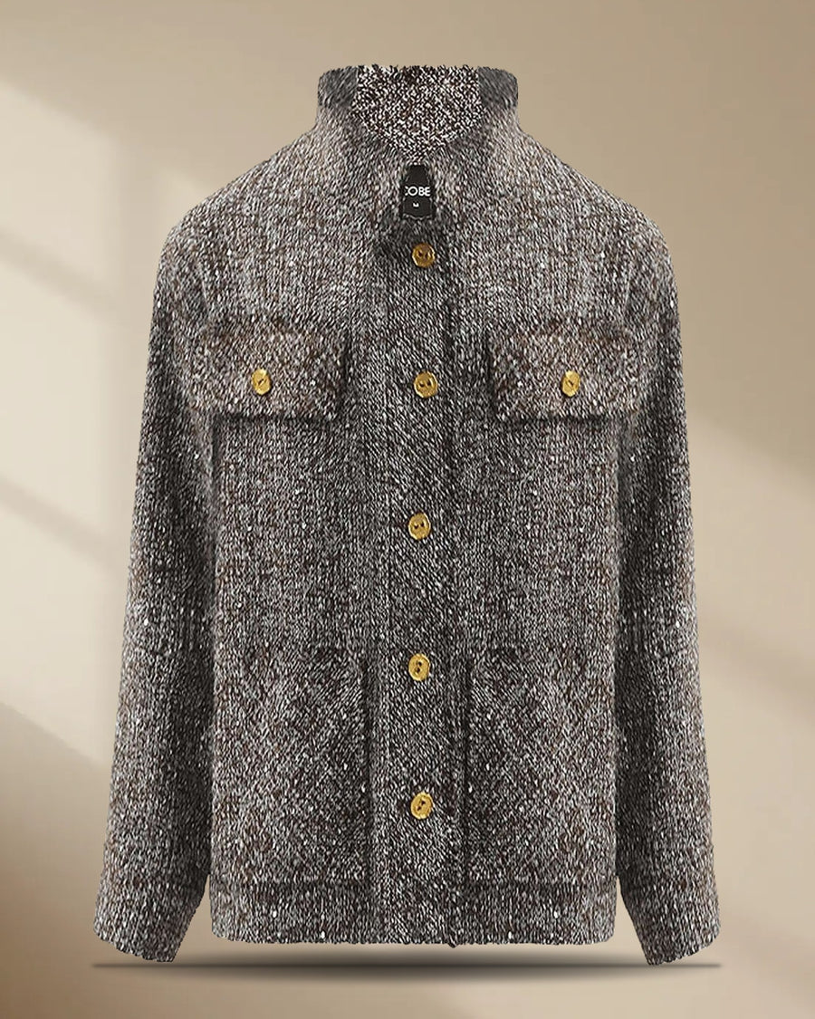 Mocha Tweed Wool Coat with Gold Buttons