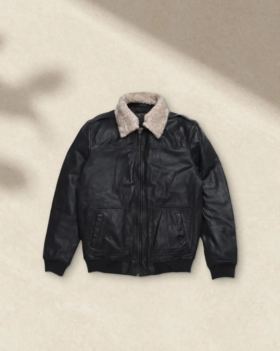 Men’s Black Aviator Sheepskin Leather Bomber Jacket