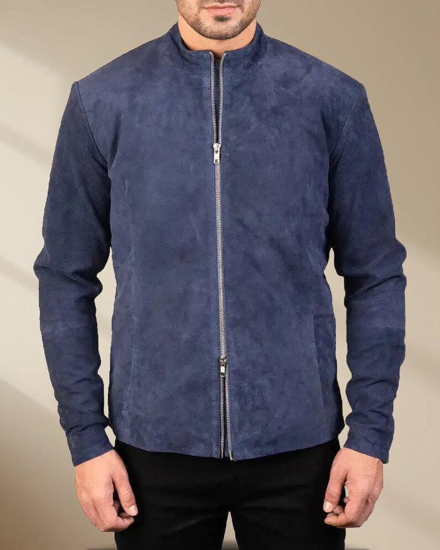 Men’s Navy Blue Suede Biker Jacket