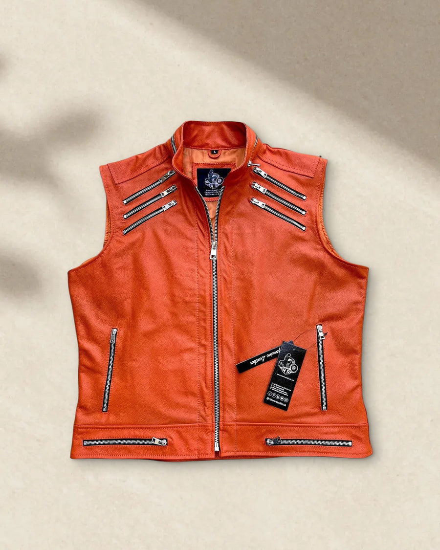 Men’s Orange Leather Motorcycle Vest