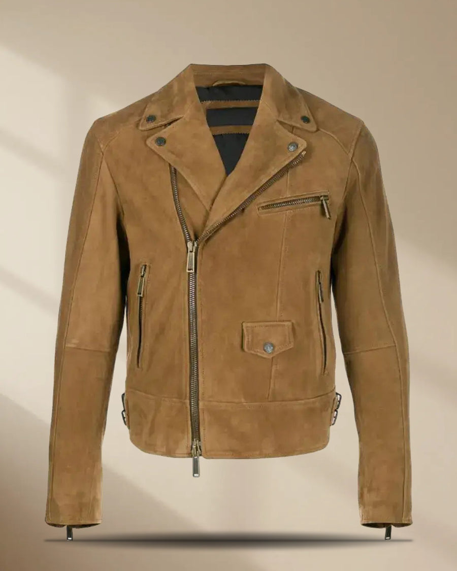 Men’s Tan Brown Suede Leather Biker Jacket