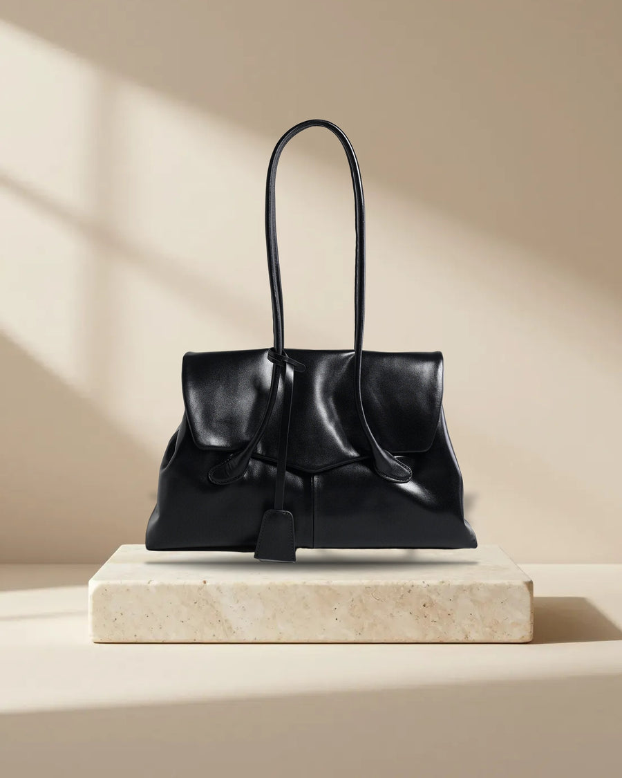Oversized Leather Tote Bag with Knotted Handle in Black