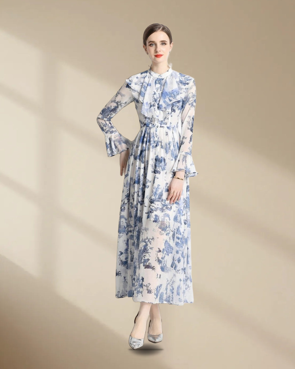 Porcelain Blue Floral Slim Fit Long Sleeve Shirt Dress, picture 1 of 5
