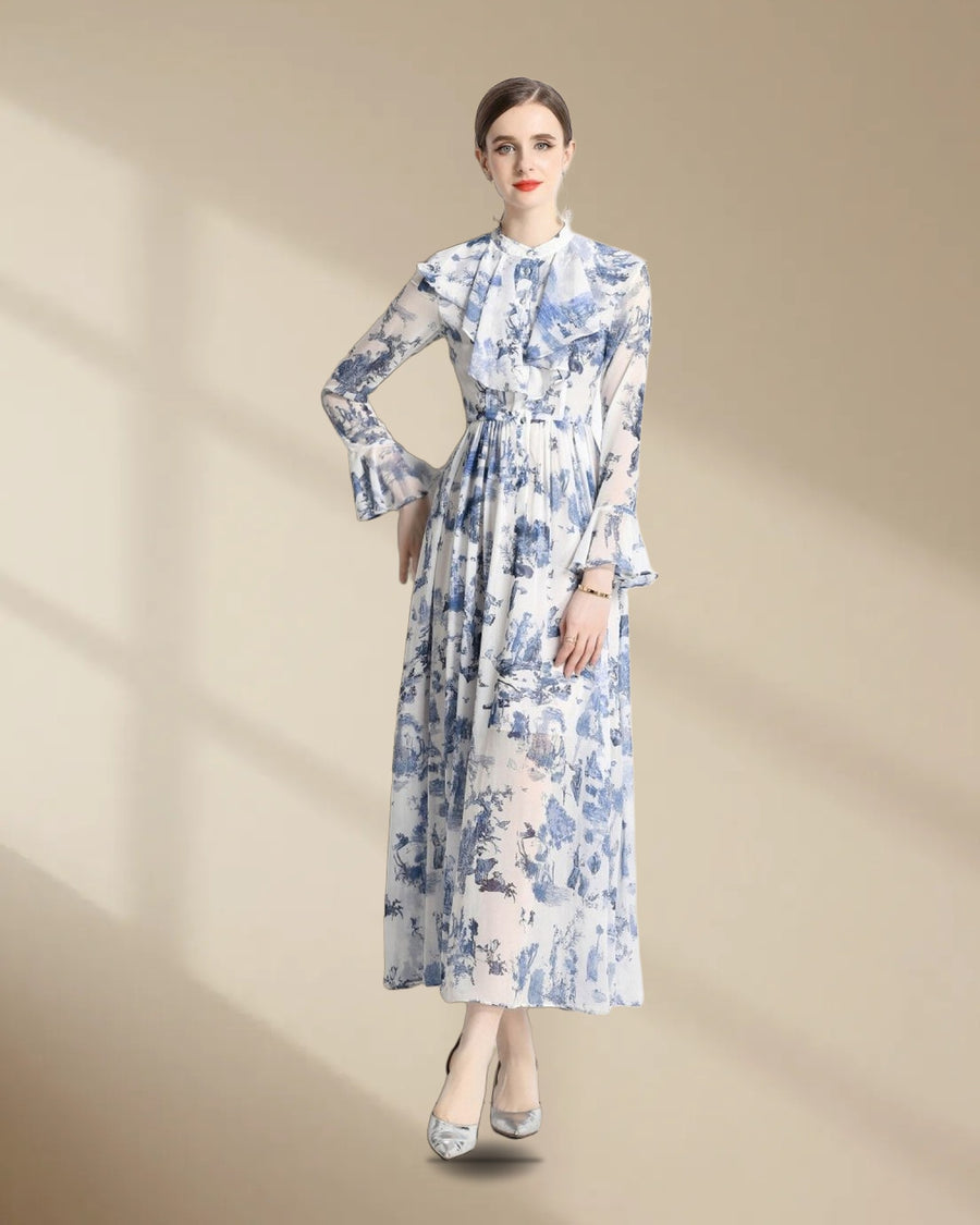 Porcelain Blue Floral Slim Fit Long Sleeve Shirt Dress