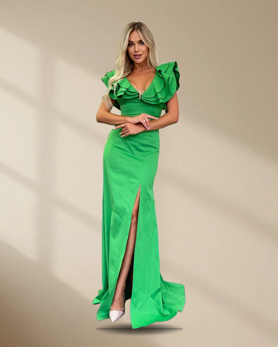 Ruffle Neckline Mermaid Maxi Dress in Green