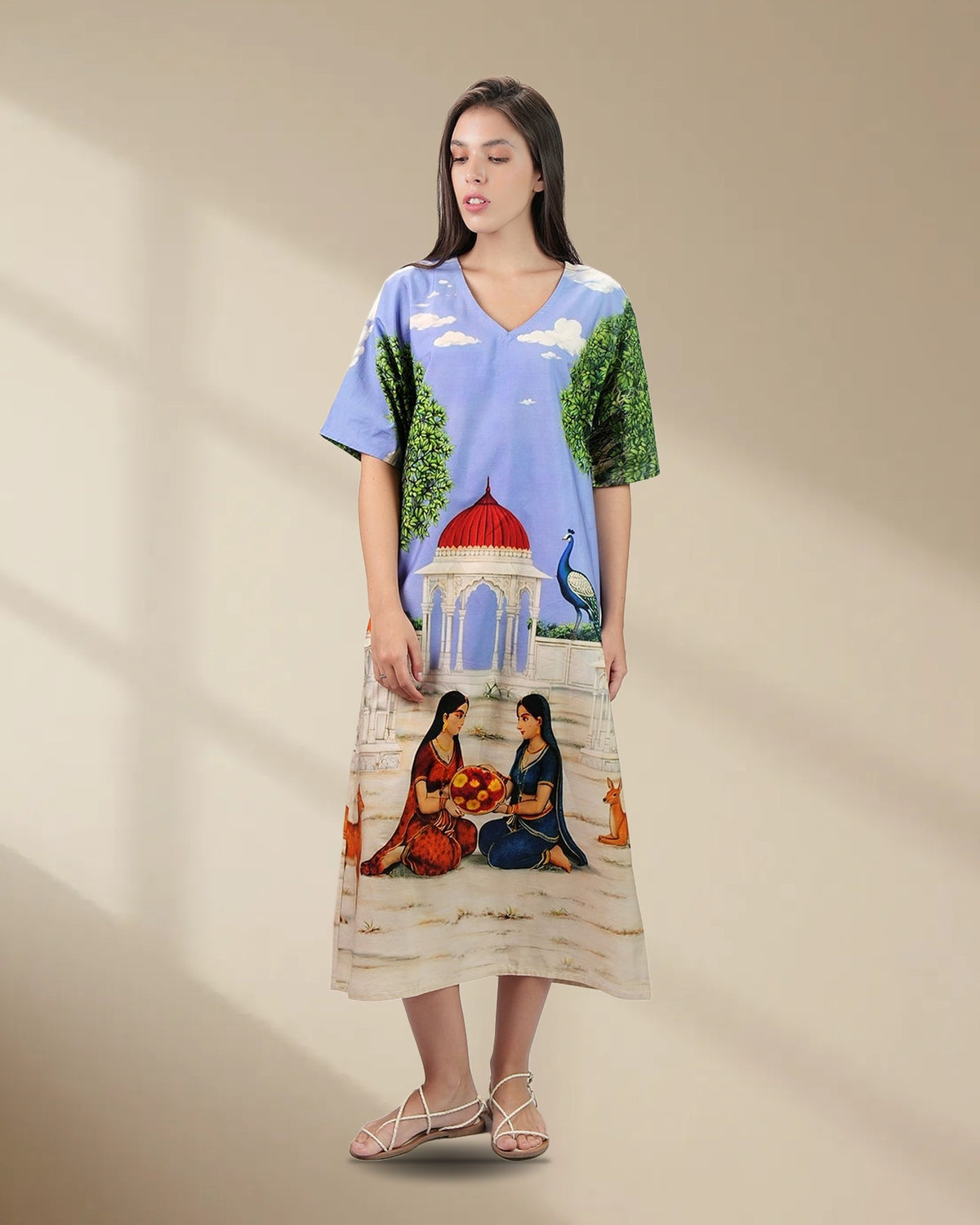 Saanjh Heritage Art Print Long Kaftan Dress, picture 1 of 6