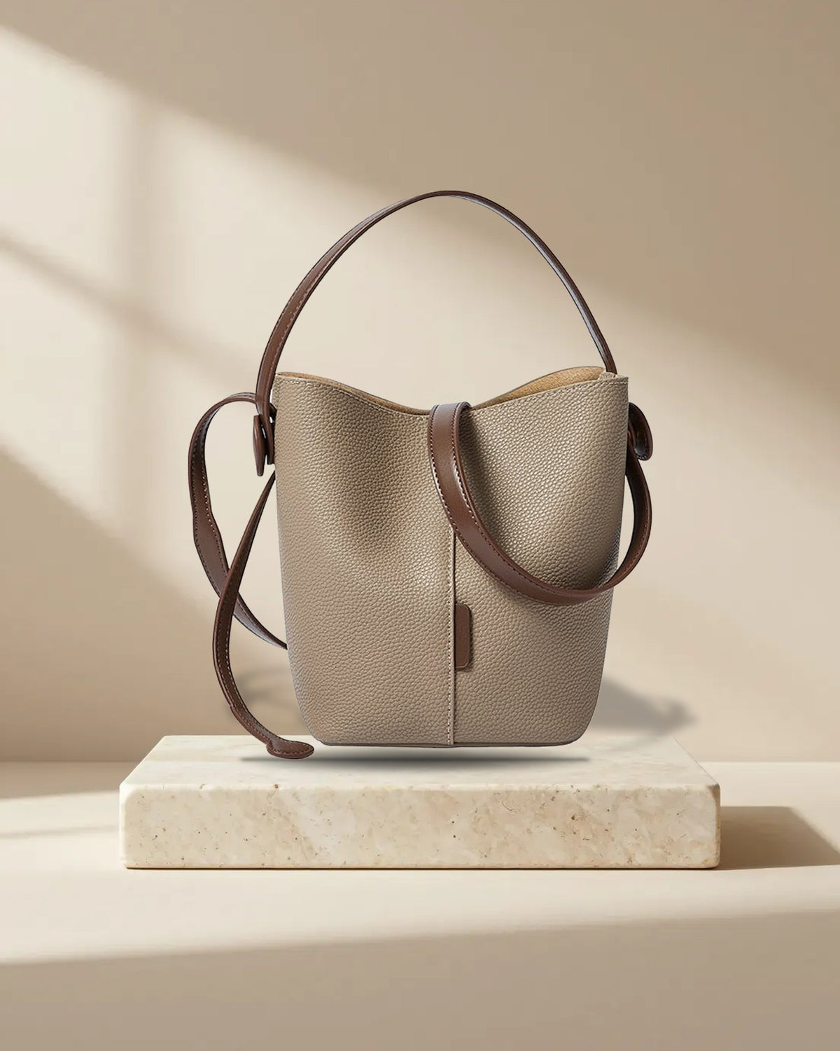 Soft Pebbled Bucket Shoulder Bag in Taupe, picture 1 of 6