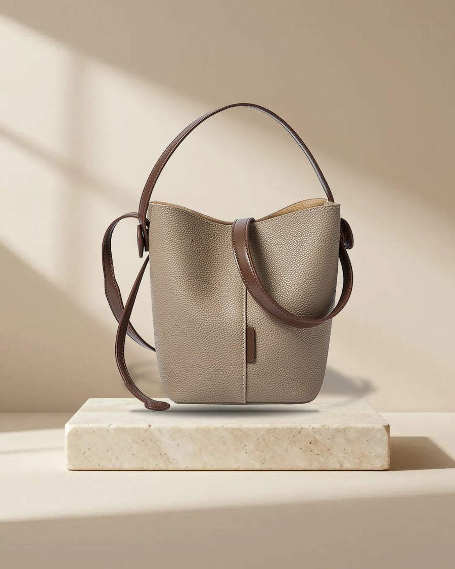 Soft Pebbled Bucket Shoulder Bag in Taupe