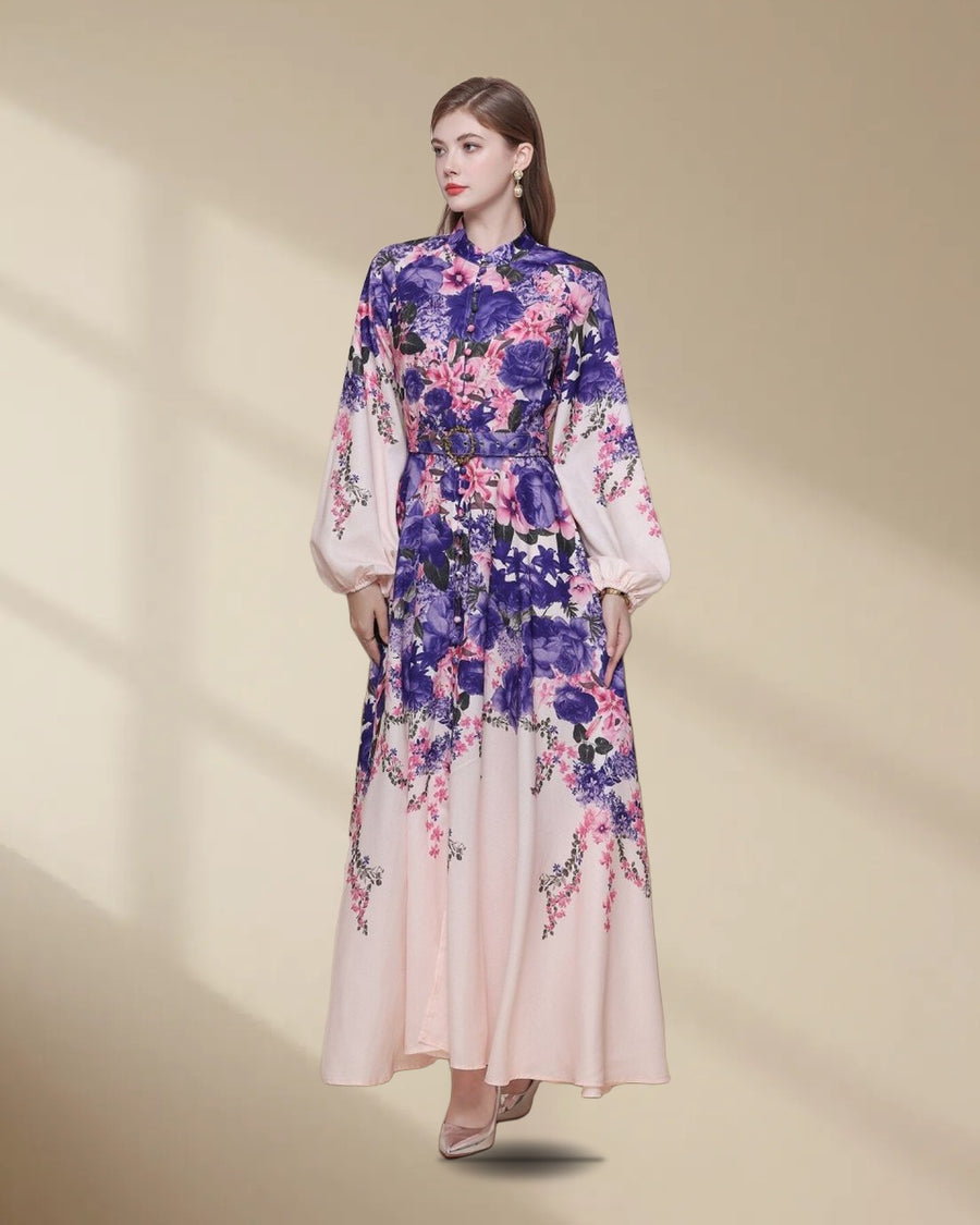 Violet Peony Print Maxi Dress with Balloon Sleeves