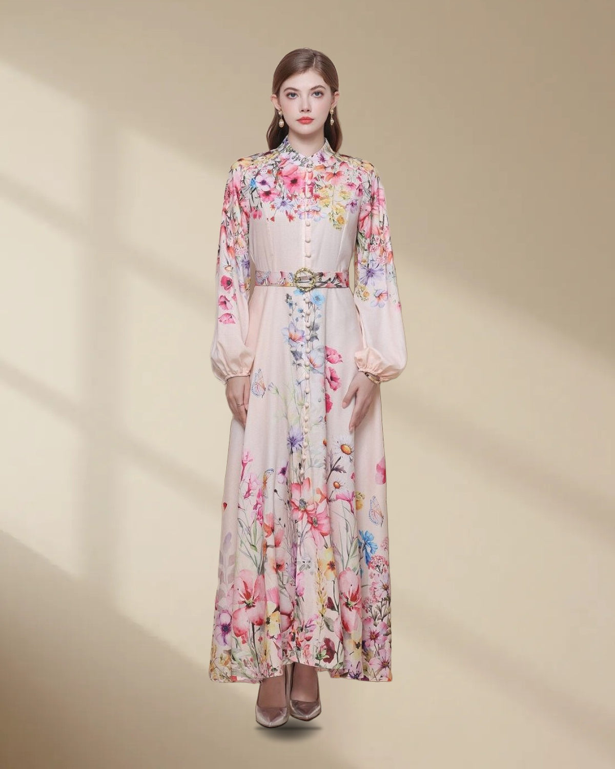 Wildflower Print Maxi Dress with Balloon Sleeves in Floral, picture 1 of 5
