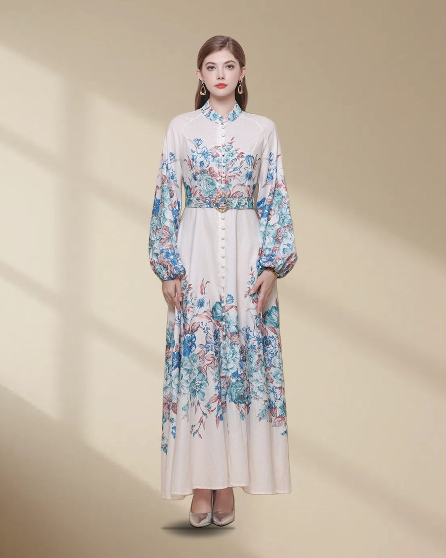 Floral Placement Print Maxi Dress with Balloon Sleeves in Blue