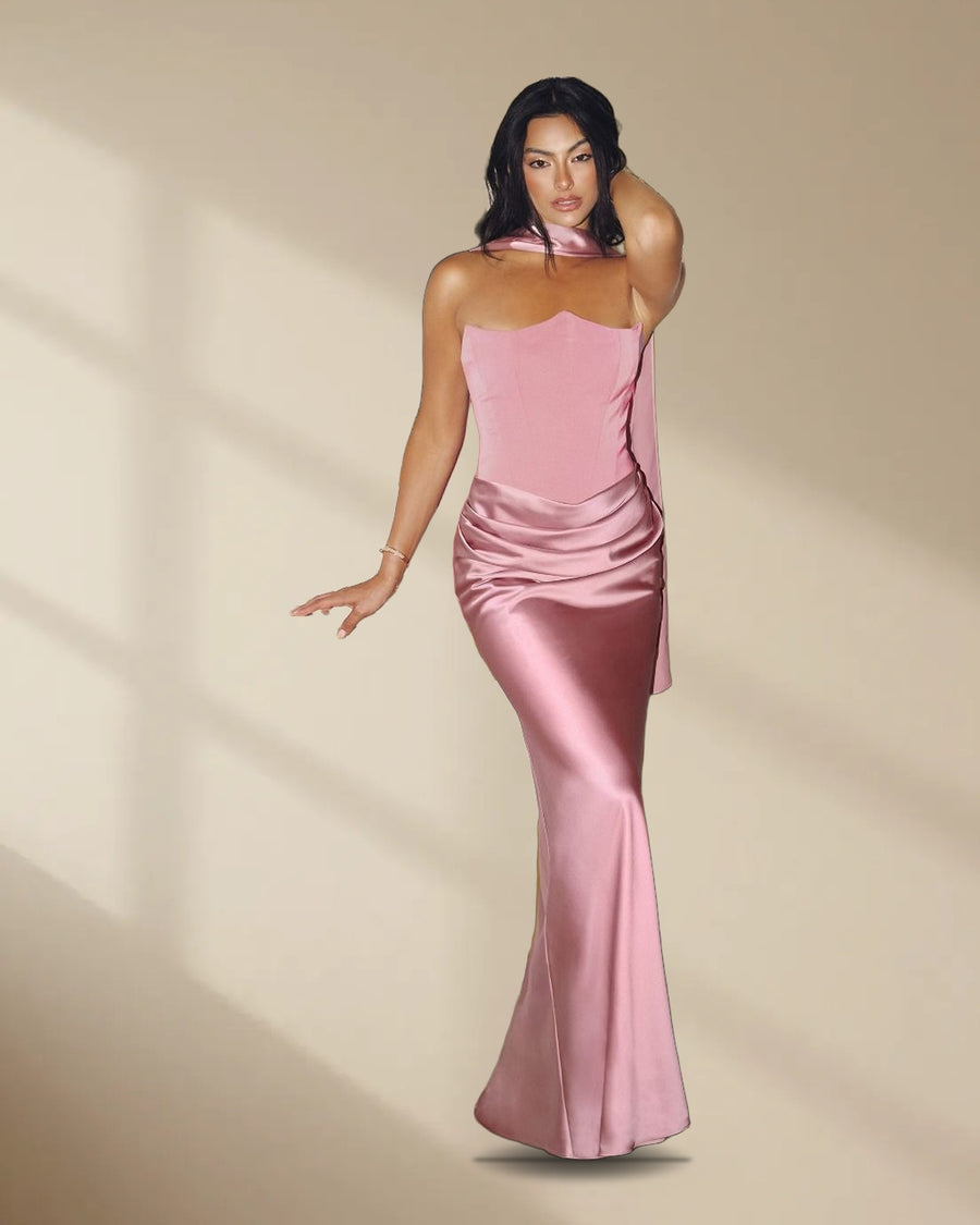 Strapless Satin Gown with Lace-Up Back in Dusty Rose