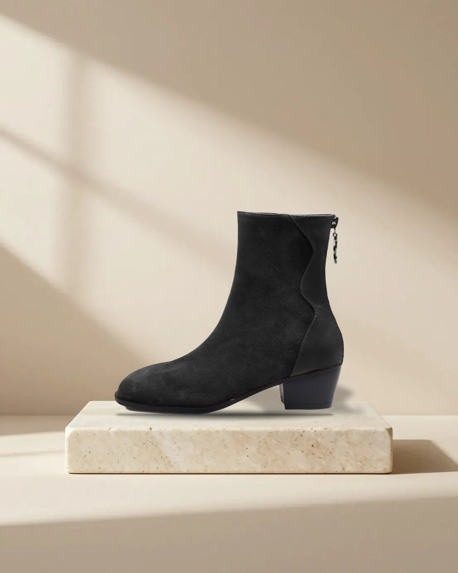 Suede Block Heel Boots in Black