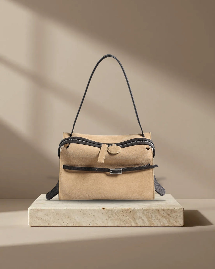Belted Wave-Zip Suede Shoulder Bag in Beige