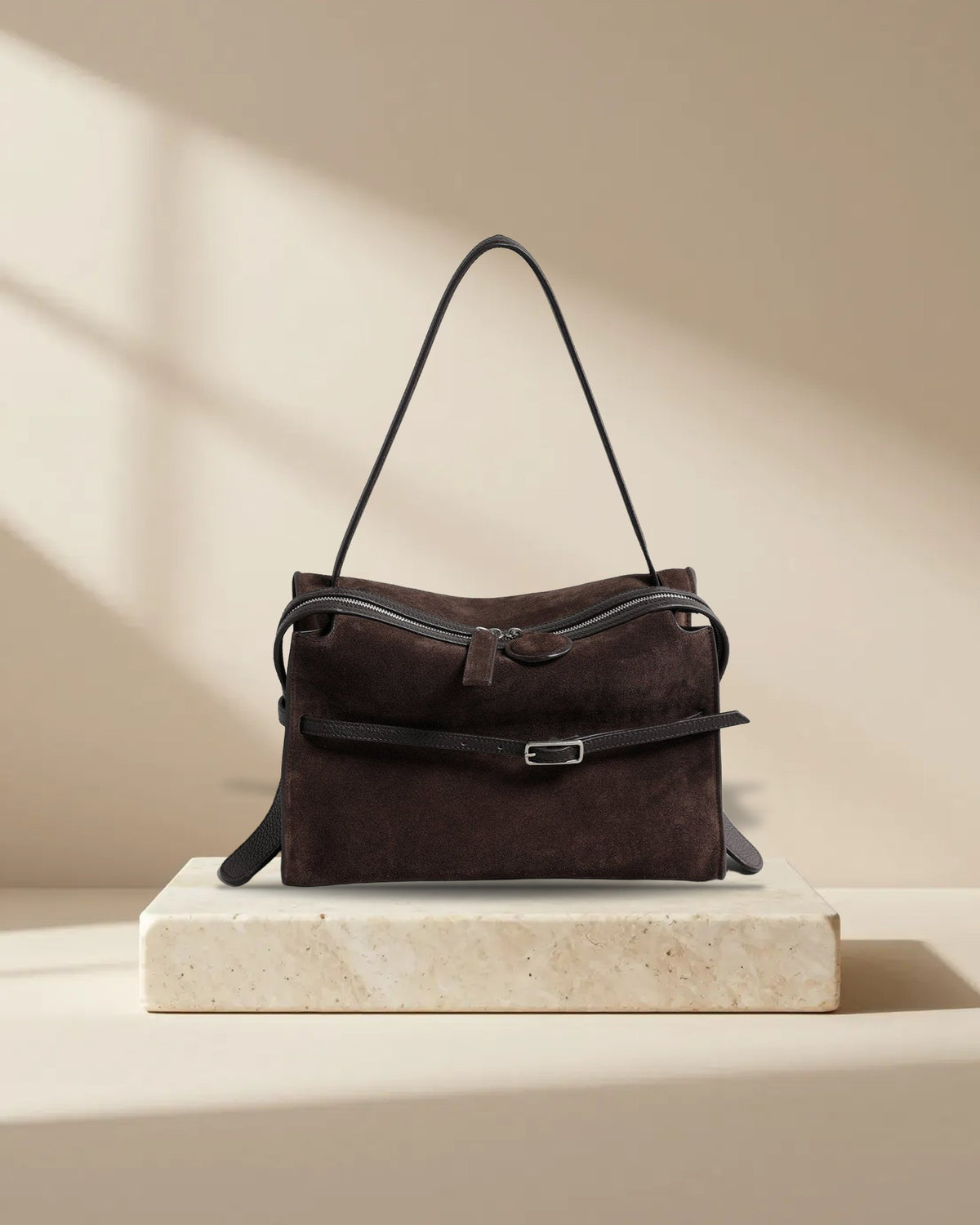 Belted Wave-Zip Suede Shoulder Bag, picture 7 of 8