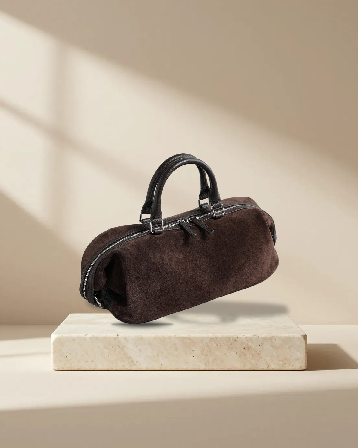Suede Cylinder Pillow Bag with Leather Handle in Chocolate, picture 1 of 6