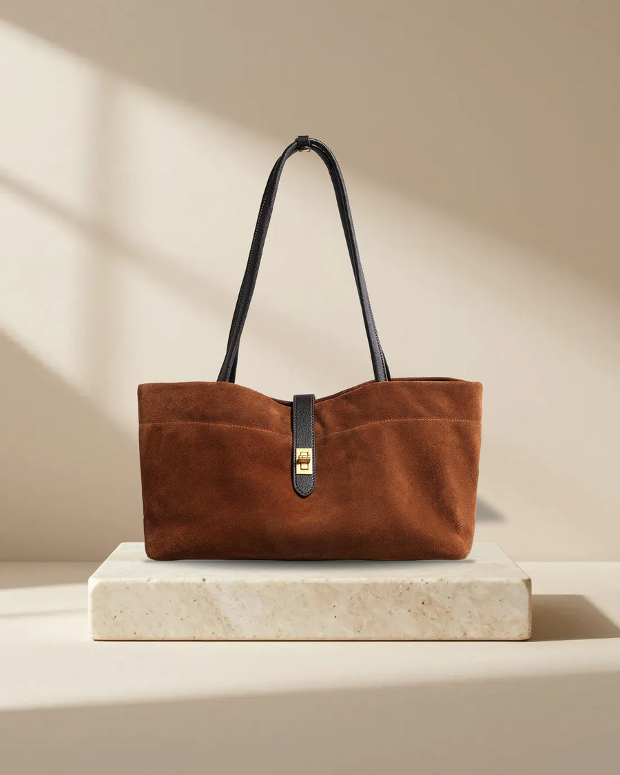 Turn-Lock Suede Leather Tote Bag in Brown