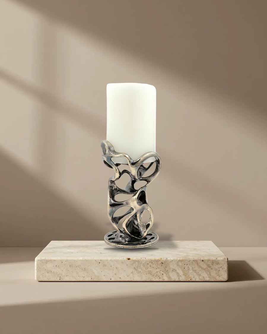Swirl Sculptural Pillar Candle Holder in Antique Brass