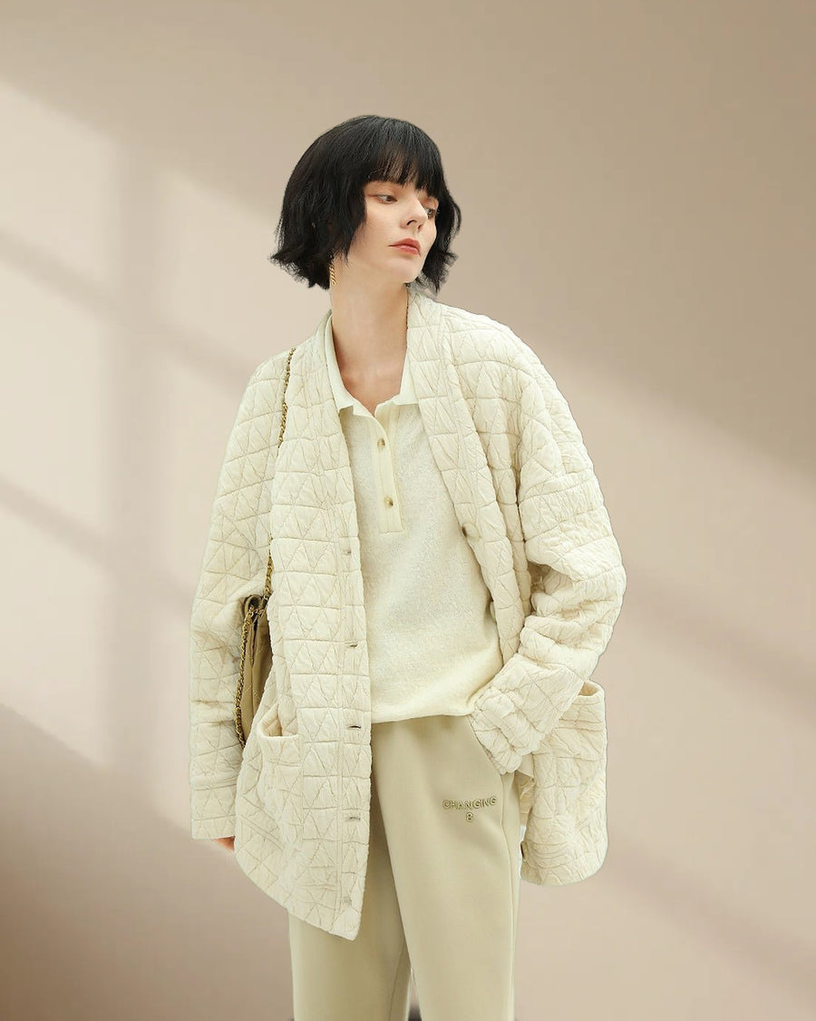 Velvety Collarless Oversized Quilted Coat in Cream