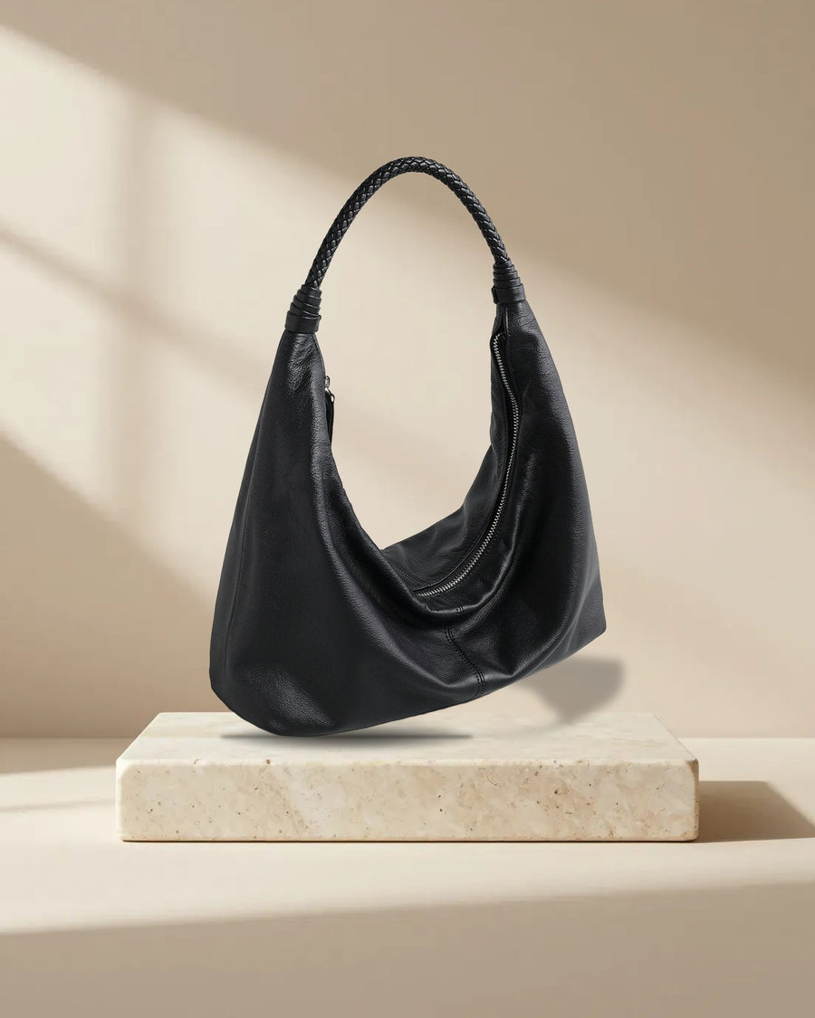 Vintage Leather Hobo Bag with Braided Handle in Black