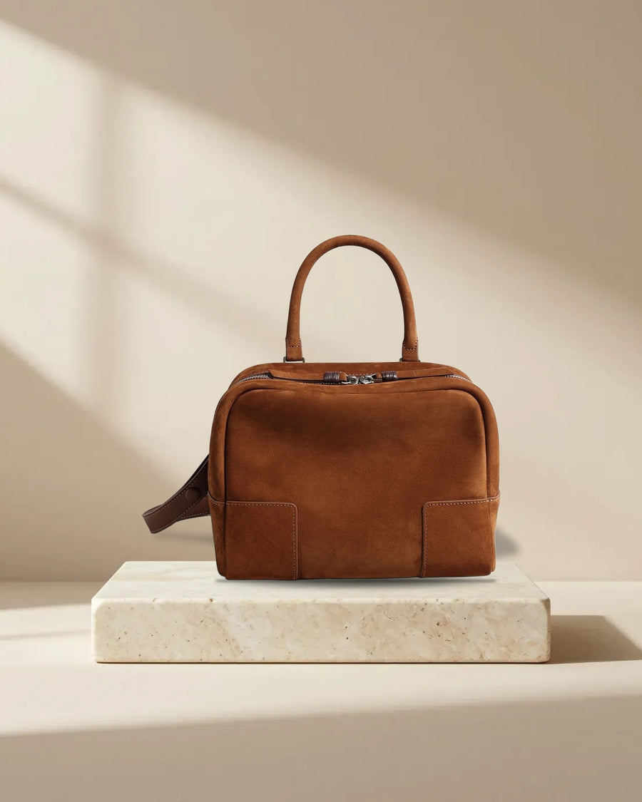 Vintage Suede Top-Handle Boston Bag in Brown