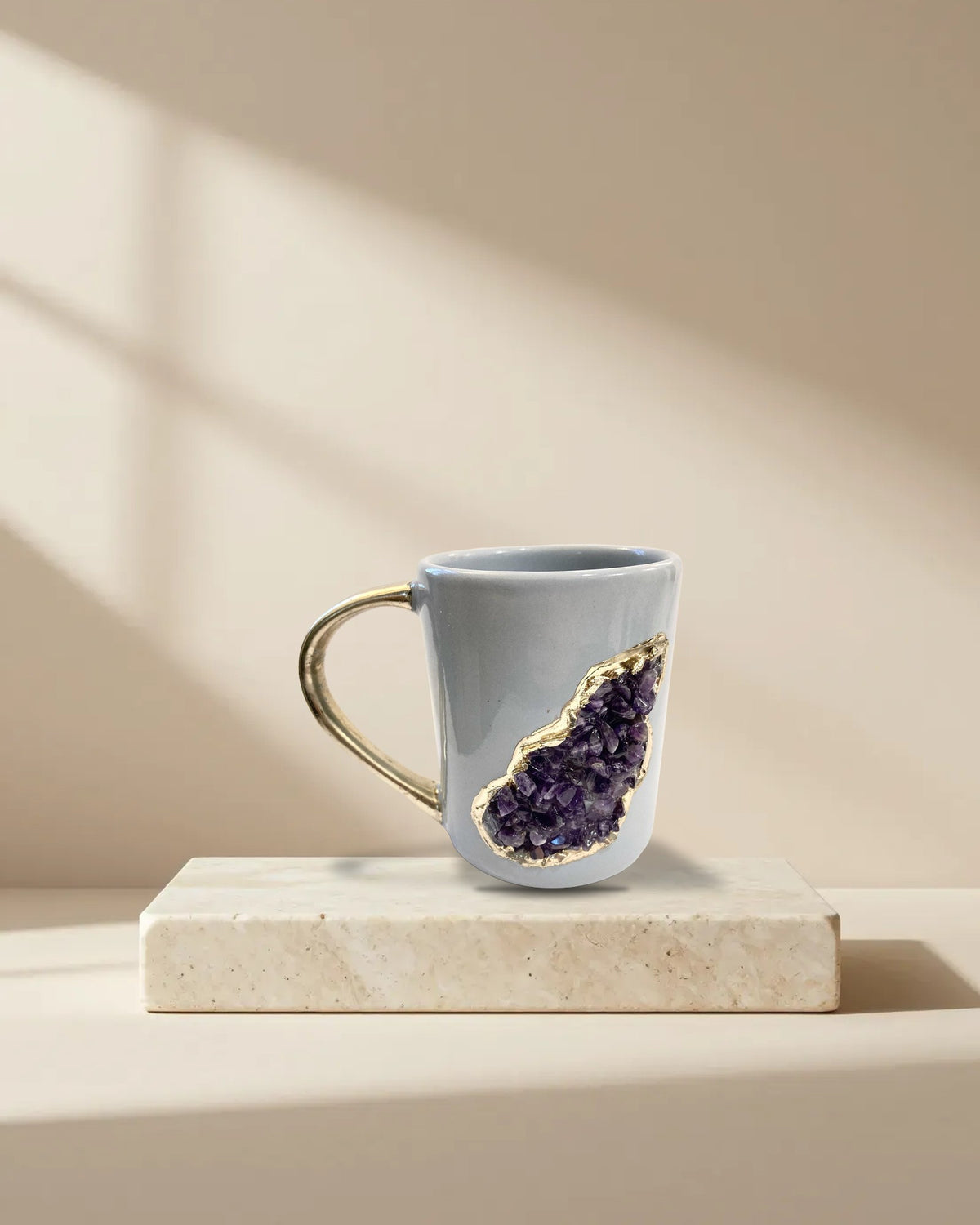 Wave Gray Ceramic Mugs with Crystal Teardrop, 12 oz in Amethyst, picture 1 of 8