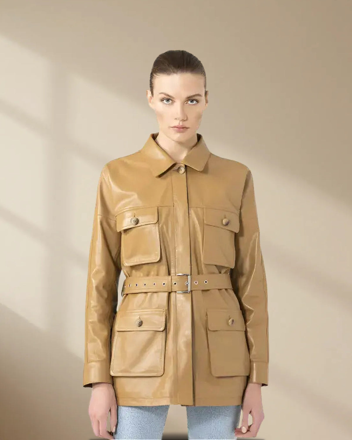 معطف نسائي بحزام، جلد بني فاتح، الصورة 1 من 4
