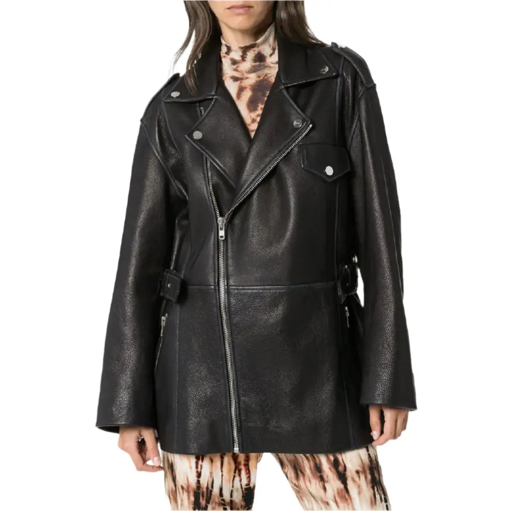 Women’s Black Leather Long Jacket, picture 4 of 5