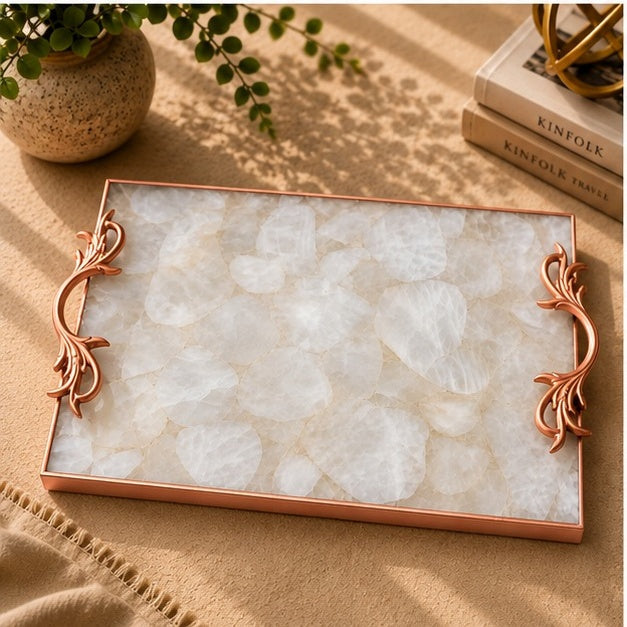 White Agate Serving Tray with Metal Handles, picture 4 of 8