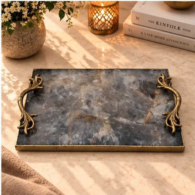 Smoky Quartz Serving Tray with Metal Handles