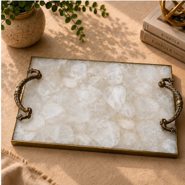 White Agate Serving Tray with Metal Handles, picture 6 of 8