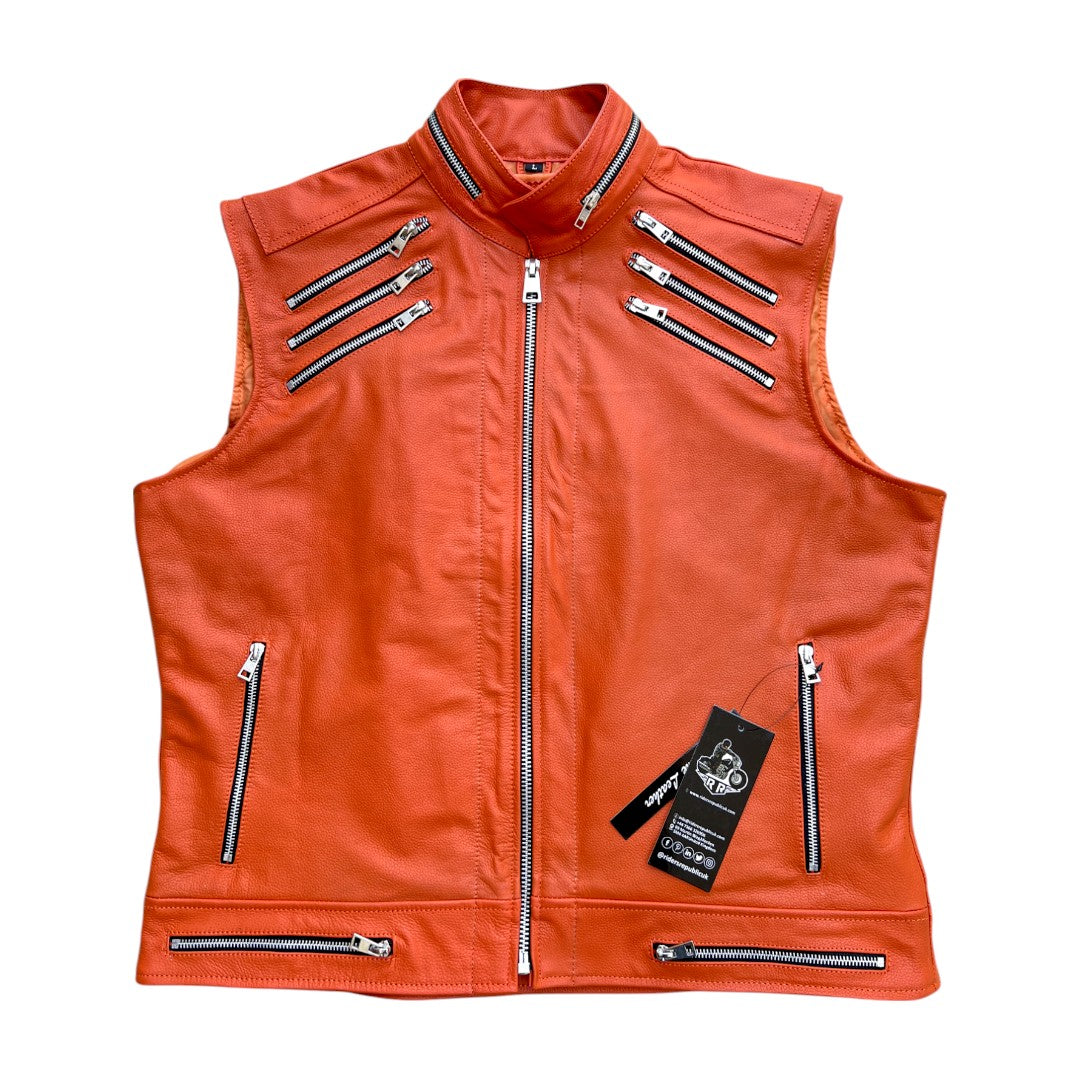 صدرية دراجات رجالية، جلد برتقالي، الصورة 5 من 7
