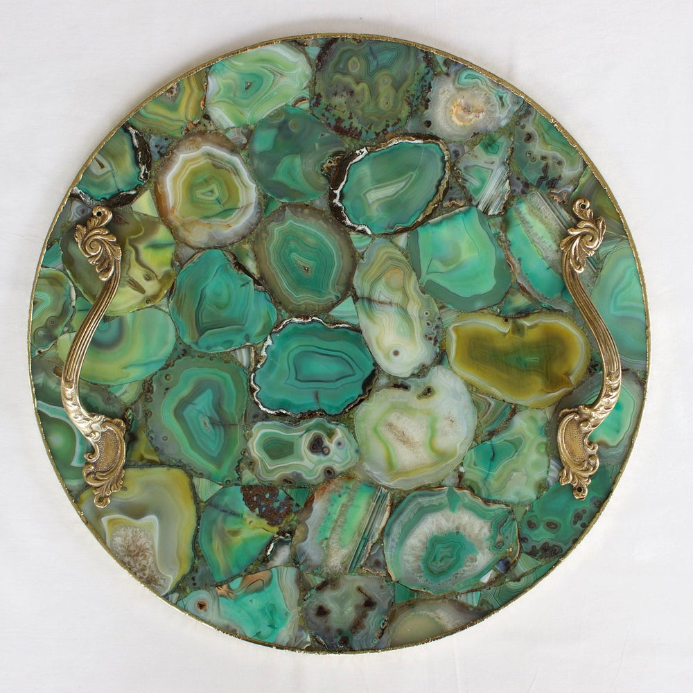 Green Agate Round Serving Tray with Brass Handles-0