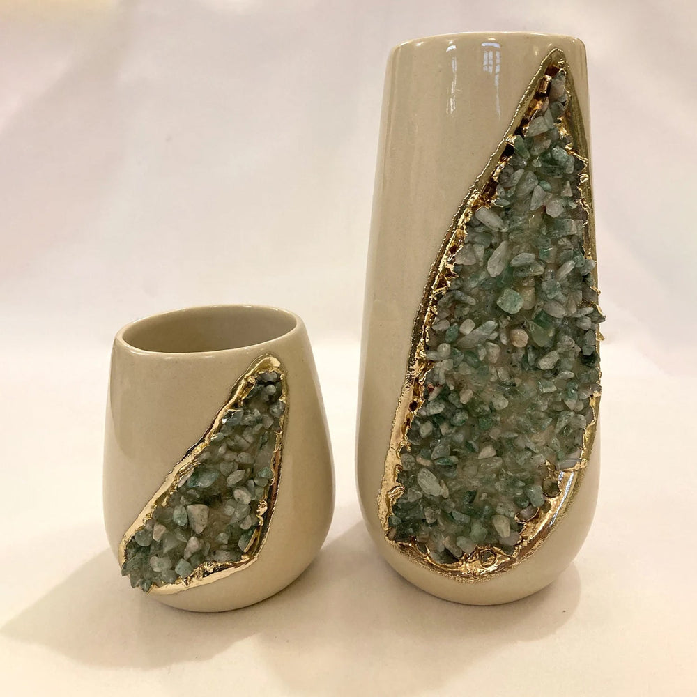 Cream Ceramic Vases with Crystal Panels, 4 and 8 Inch