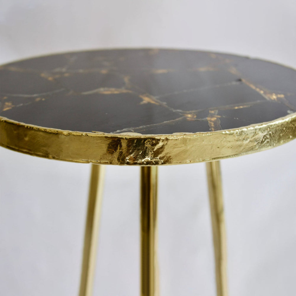Gold Sparkle Black Agate Side Table, Round Top