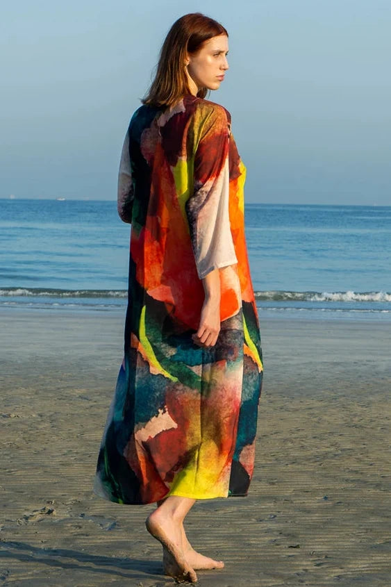 Enigma Abstract Multicolour Printed Long Kimono, picture 3 of 6