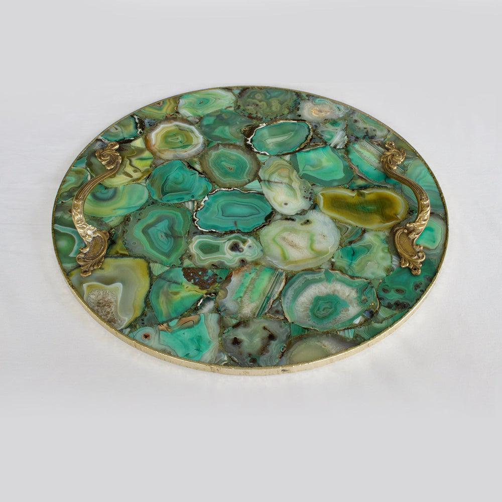 Green Agate Round Serving Tray with Brass Handles-2