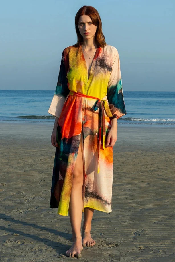 Enigma Abstract Multicolour Printed Long Kimono, picture 4 of 6