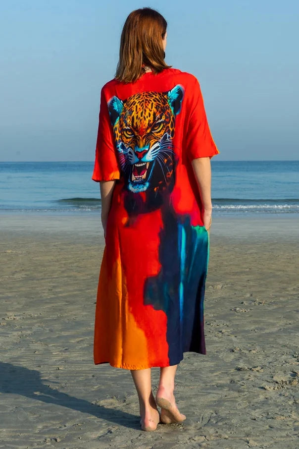 Roar Tiger Animal Print Abstract Kaftan Dress