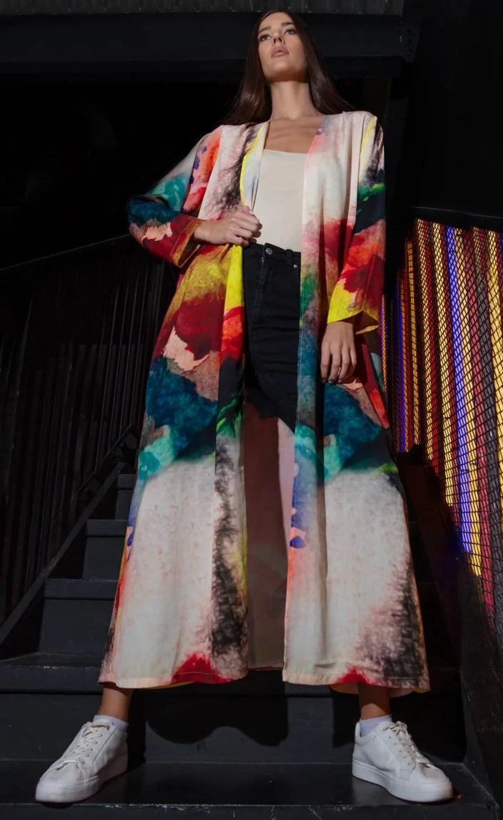 Enigma Abstract Multicolour Printed Long Kimono