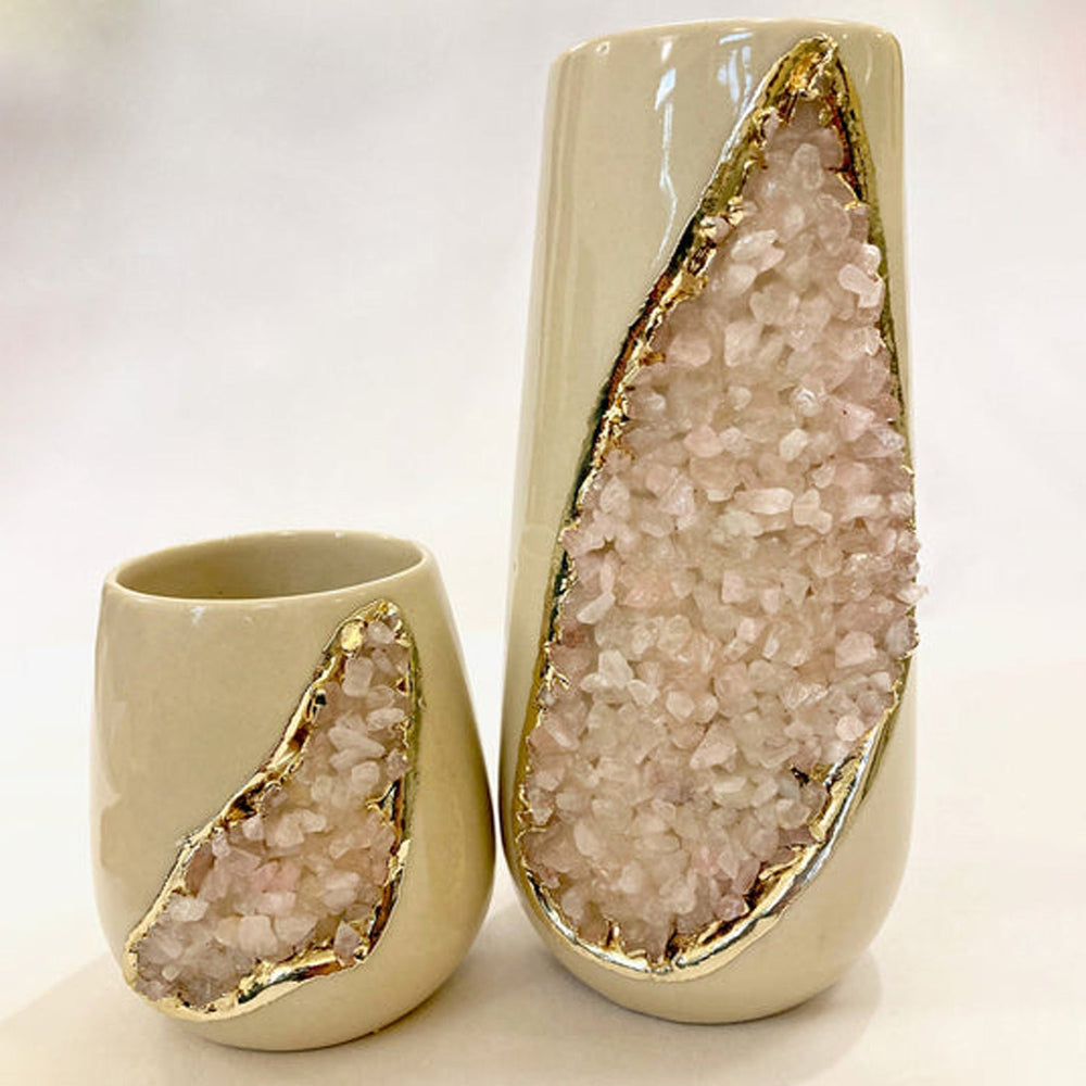 Cream Ceramic Vases with Crystal Panels, 4 and 8 Inch