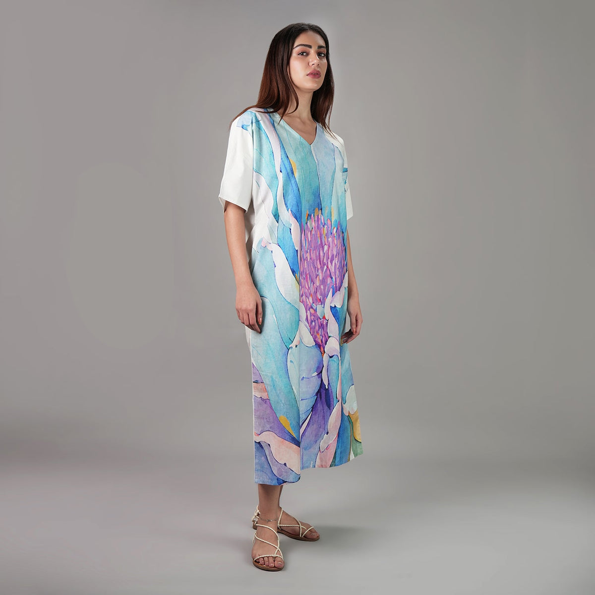 Fleur Watercolour Floral Long Kaftan Dress, picture 4 of 6